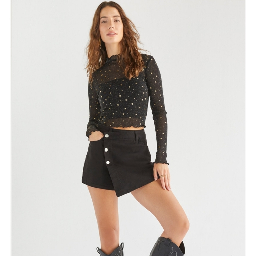 Mi Ami Francesca's Sheer Black Long Sleeve Shirt Gold Stars & Ruffled Mock Neck